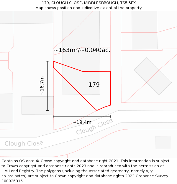 179, CLOUGH CLOSE, MIDDLESBROUGH, TS5 5EX: Plot and title map