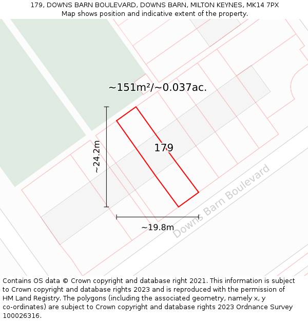 179, DOWNS BARN BOULEVARD, DOWNS BARN, MILTON KEYNES, MK14 7PX: Plot and title map