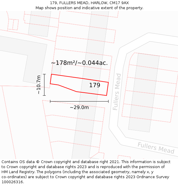 179, FULLERS MEAD, HARLOW, CM17 9AX: Plot and title map