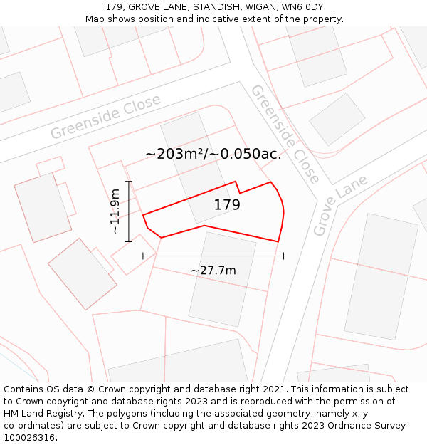 179, GROVE LANE, STANDISH, WIGAN, WN6 0DY: Plot and title map