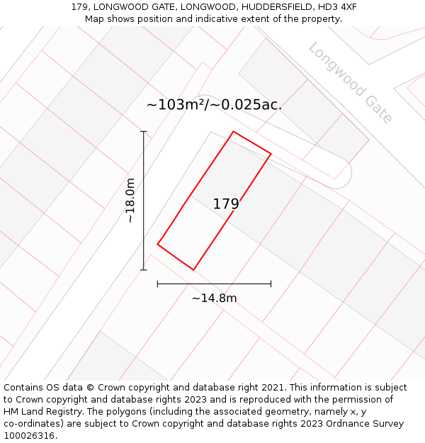 179, LONGWOOD GATE, LONGWOOD, HUDDERSFIELD, HD3 4XF: Plot and title map
