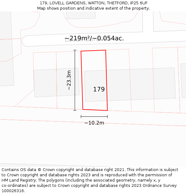 179, LOVELL GARDENS, WATTON, THETFORD, IP25 6UF: Plot and title map