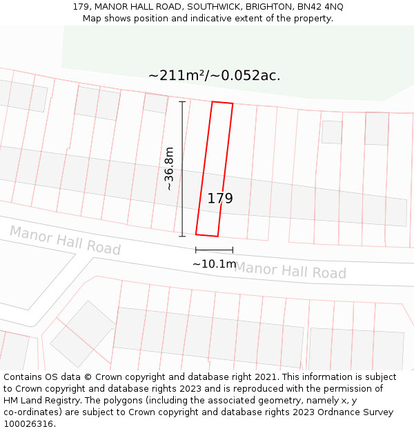179, MANOR HALL ROAD, SOUTHWICK, BRIGHTON, BN42 4NQ: Plot and title map