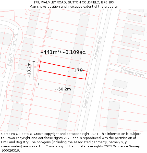 179, WALMLEY ROAD, SUTTON COLDFIELD, B76 1PX: Plot and title map