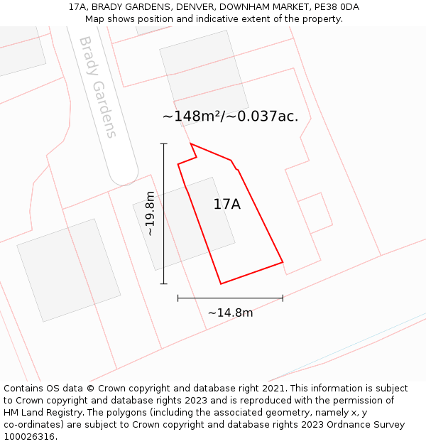 17A, BRADY GARDENS, DENVER, DOWNHAM MARKET, PE38 0DA: Plot and title map