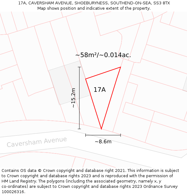 17A, CAVERSHAM AVENUE, SHOEBURYNESS, SOUTHEND-ON-SEA, SS3 8TX: Plot and title map