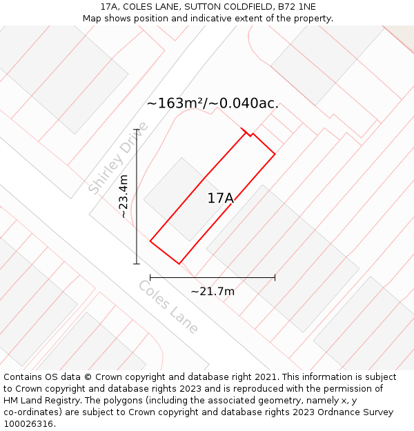 17A, COLES LANE, SUTTON COLDFIELD, B72 1NE: Plot and title map