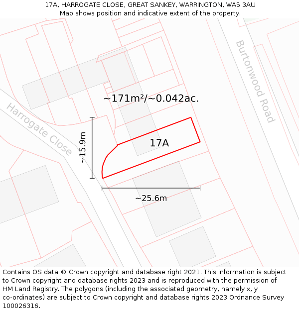 17A, HARROGATE CLOSE, GREAT SANKEY, WARRINGTON, WA5 3AU: Plot and title map