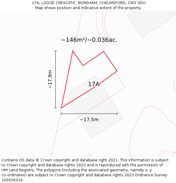 17A, LODGE CRESCENT, BOREHAM, CHELMSFORD, CM3 3DH: Plot and title map
