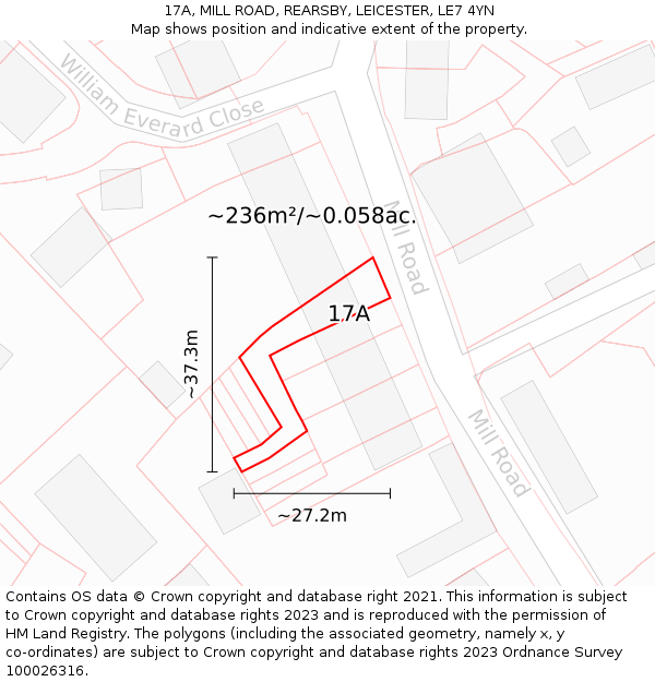 17A, MILL ROAD, REARSBY, LEICESTER, LE7 4YN: Plot and title map