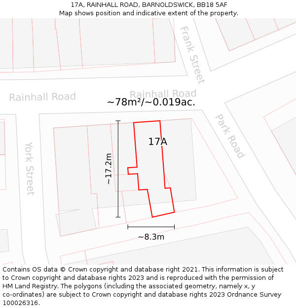 17A, RAINHALL ROAD, BARNOLDSWICK, BB18 5AF: Plot and title map