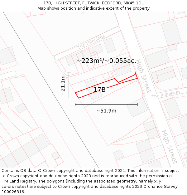 17B, HIGH STREET, FLITWICK, BEDFORD, MK45 1DU: Plot and title map