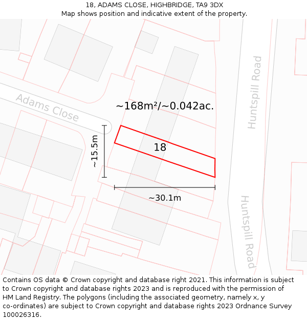 18, ADAMS CLOSE, HIGHBRIDGE, TA9 3DX: Plot and title map