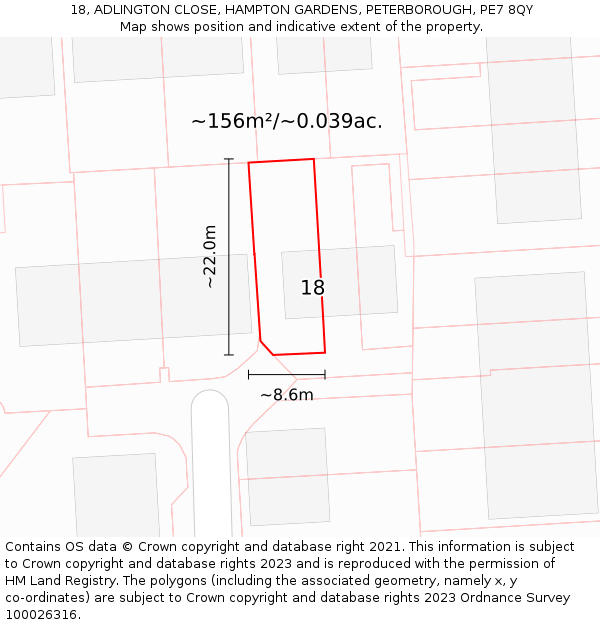 18, ADLINGTON CLOSE, HAMPTON GARDENS, PETERBOROUGH, PE7 8QY: Plot and title map