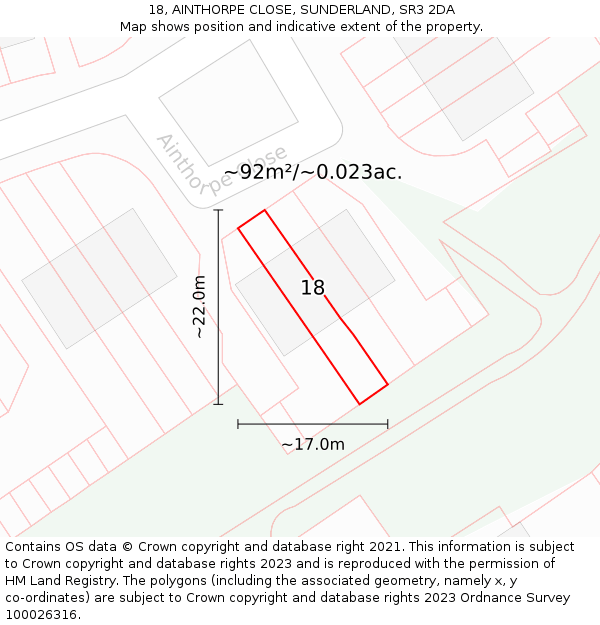 18, AINTHORPE CLOSE, SUNDERLAND, SR3 2DA: Plot and title map