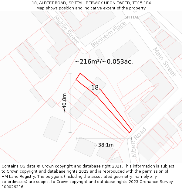 18, ALBERT ROAD, SPITTAL, BERWICK-UPON-TWEED, TD15 1RX: Plot and title map
