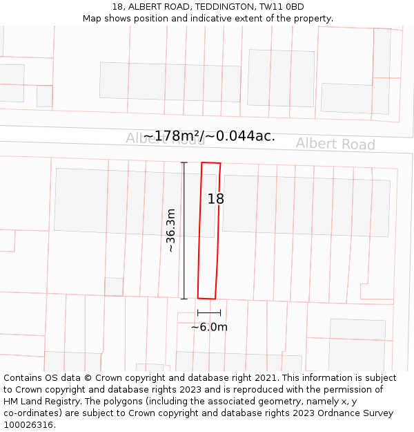18, ALBERT ROAD, TEDDINGTON, TW11 0BD: Plot and title map