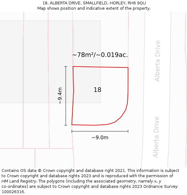 18, ALBERTA DRIVE, SMALLFIELD, HORLEY, RH6 9QU: Plot and title map