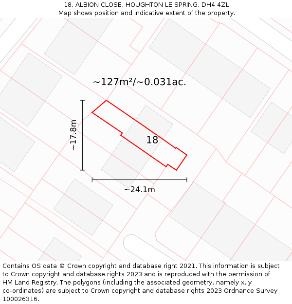 18, ALBION CLOSE, HOUGHTON LE SPRING, DH4 4ZL: Plot and title map