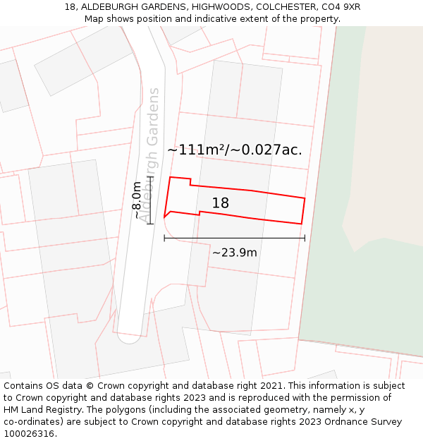 18, ALDEBURGH GARDENS, HIGHWOODS, COLCHESTER, CO4 9XR: Plot and title map