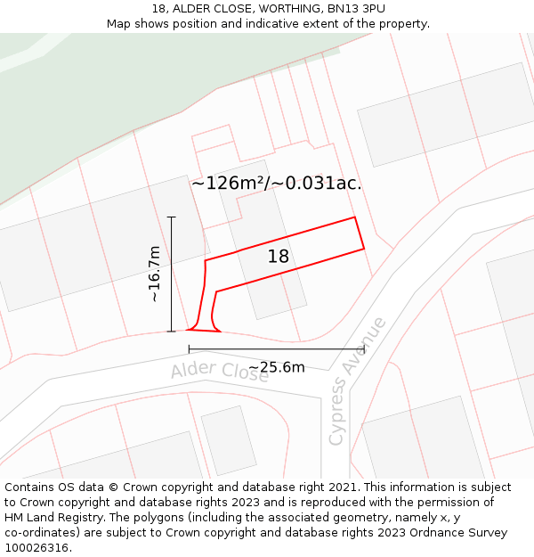 18, ALDER CLOSE, WORTHING, BN13 3PU: Plot and title map