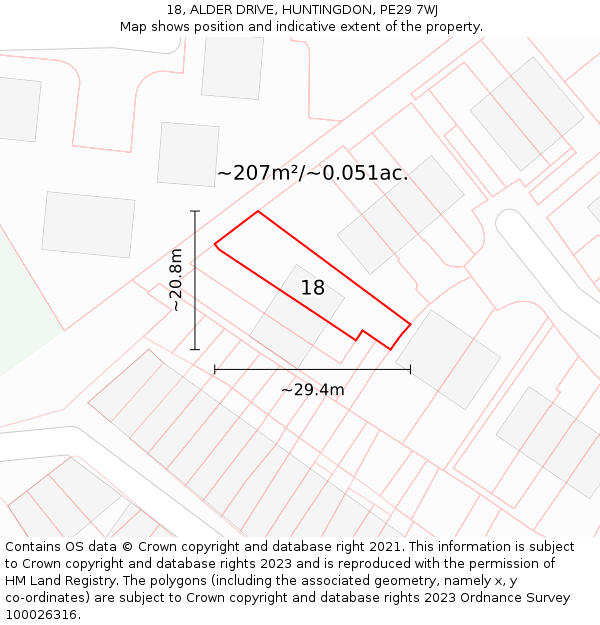 18, ALDER DRIVE, HUNTINGDON, PE29 7WJ: Plot and title map