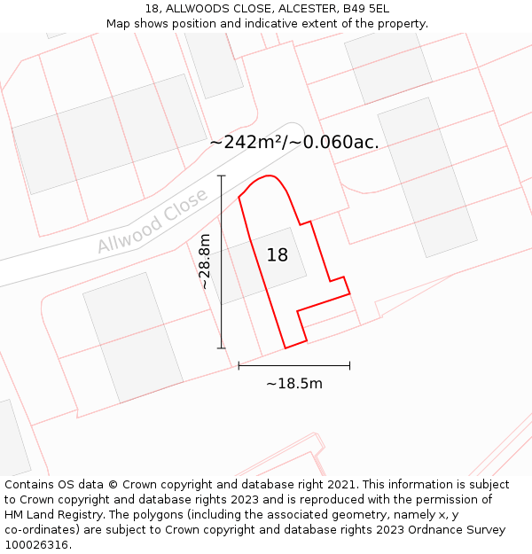18, ALLWOODS CLOSE, ALCESTER, B49 5EL: Plot and title map