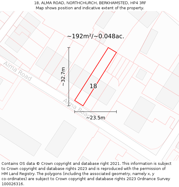 18, ALMA ROAD, NORTHCHURCH, BERKHAMSTED, HP4 3RF: Plot and title map