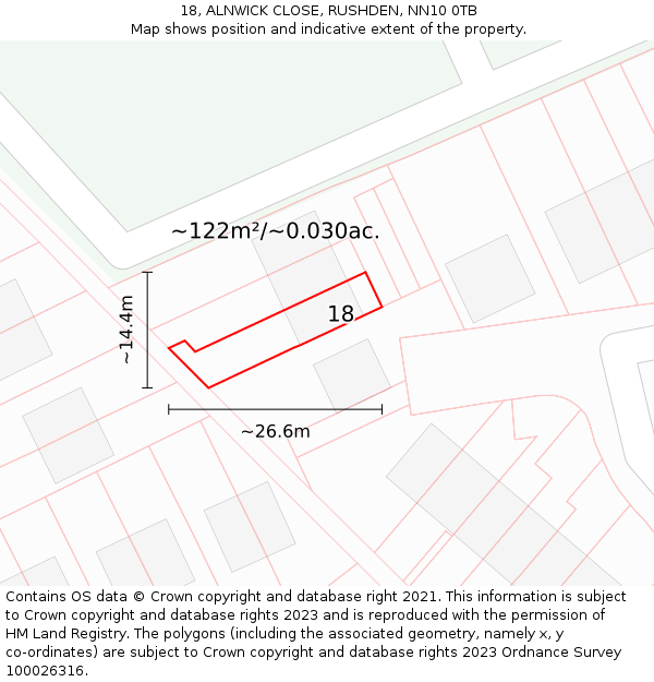 18, ALNWICK CLOSE, RUSHDEN, NN10 0TB: Plot and title map