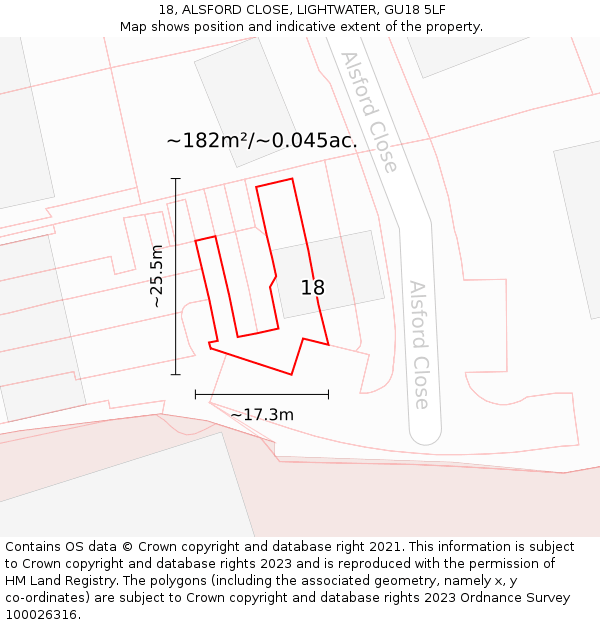 18, ALSFORD CLOSE, LIGHTWATER, GU18 5LF: Plot and title map