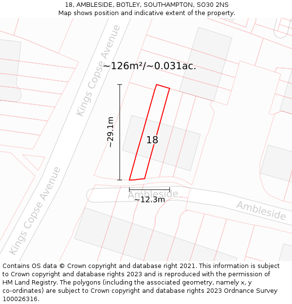18, AMBLESIDE, BOTLEY, SOUTHAMPTON, SO30 2NS: Plot and title map