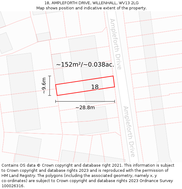 18, AMPLEFORTH DRIVE, WILLENHALL, WV13 2LG: Plot and title map
