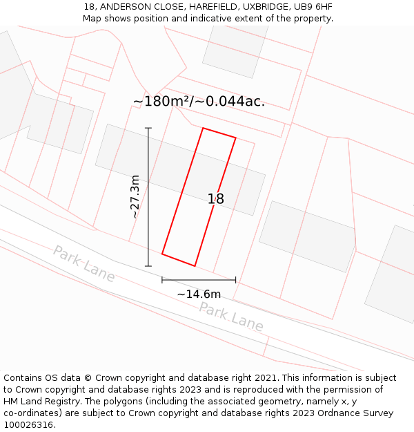 18, ANDERSON CLOSE, HAREFIELD, UXBRIDGE, UB9 6HF: Plot and title map