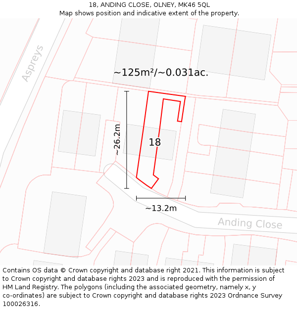 18, ANDING CLOSE, OLNEY, MK46 5QL: Plot and title map