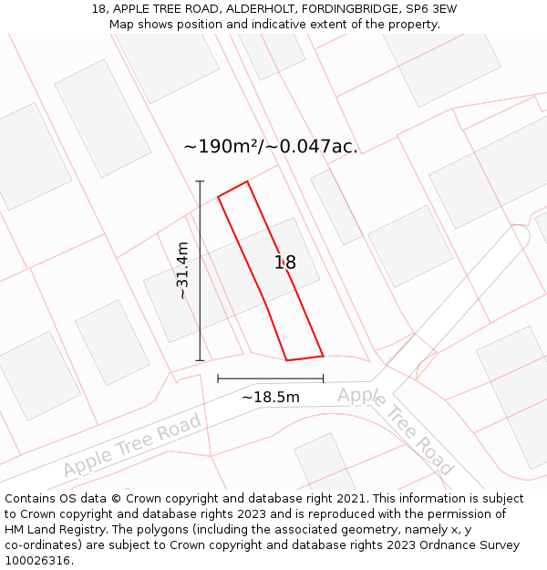 18, APPLE TREE ROAD, ALDERHOLT, FORDINGBRIDGE, SP6 3EW: Plot and title map