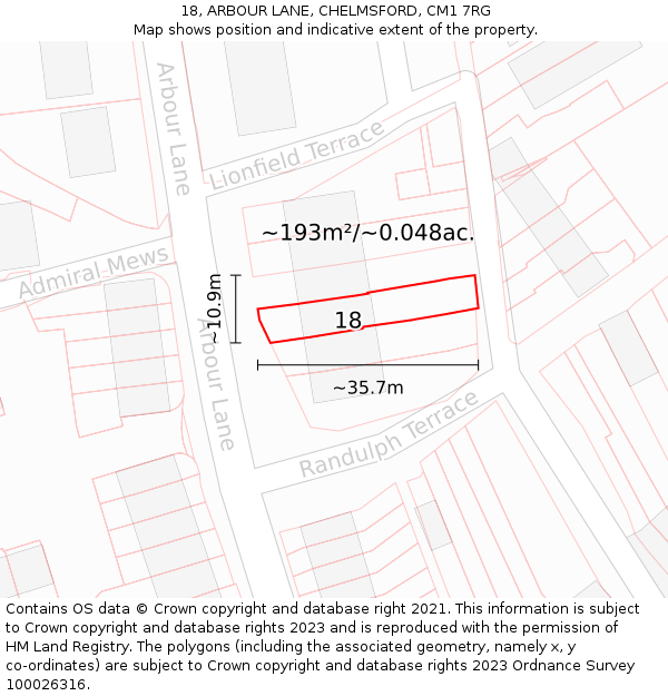 18, ARBOUR LANE, CHELMSFORD, CM1 7RG: Plot and title map