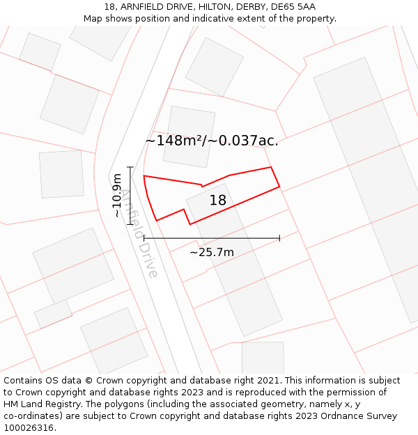 18, ARNFIELD DRIVE, HILTON, DERBY, DE65 5AA: Plot and title map