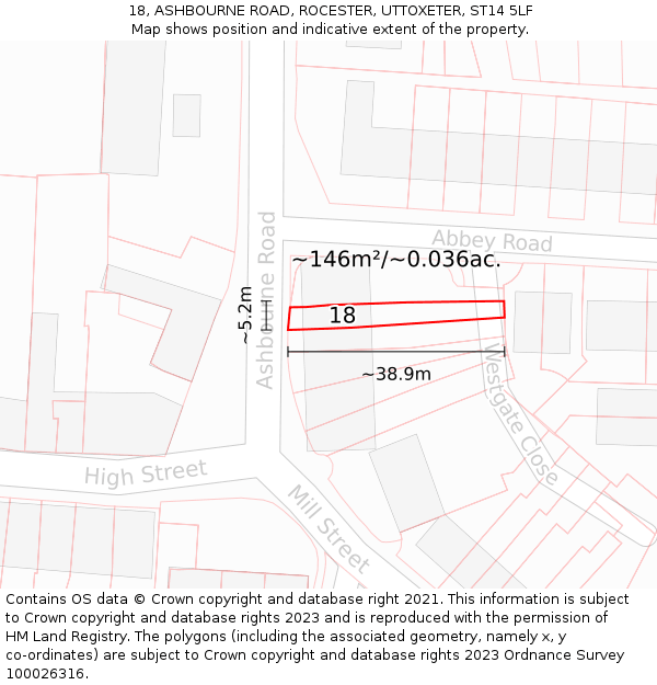 18, ASHBOURNE ROAD, ROCESTER, UTTOXETER, ST14 5LF: Plot and title map