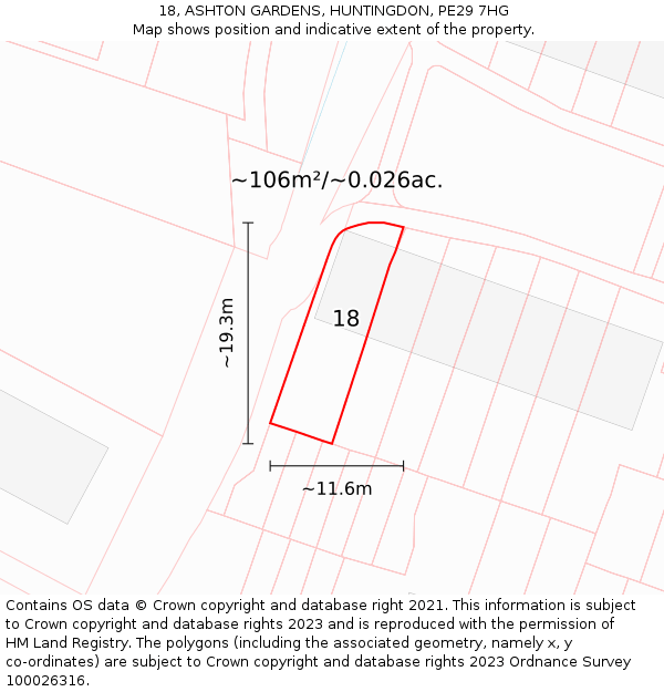 18, ASHTON GARDENS, HUNTINGDON, PE29 7HG: Plot and title map