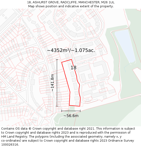 18, ASHURST GROVE, RADCLIFFE, MANCHESTER, M26 1UL: Plot and title map