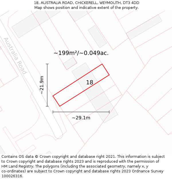 18, AUSTRALIA ROAD, CHICKERELL, WEYMOUTH, DT3 4DD: Plot and title map