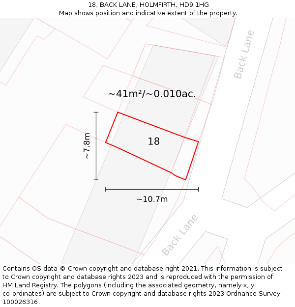 18, BACK LANE, HOLMFIRTH, HD9 1HG: Plot and title map