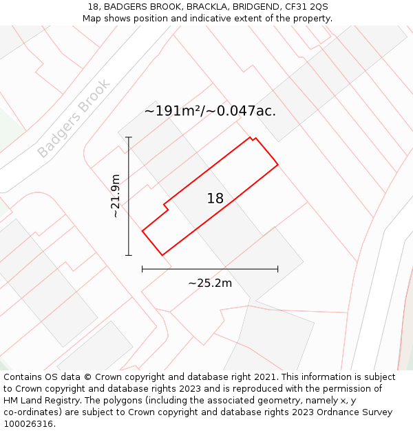 18, BADGERS BROOK, BRACKLA, BRIDGEND, CF31 2QS: Plot and title map