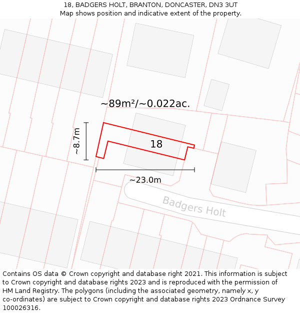 18, BADGERS HOLT, BRANTON, DONCASTER, DN3 3UT: Plot and title map