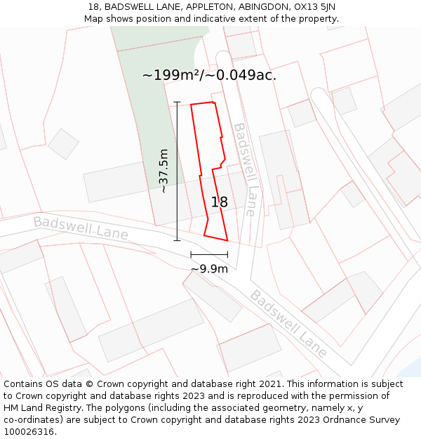 18, BADSWELL LANE, APPLETON, ABINGDON, OX13 5JN: Plot and title map