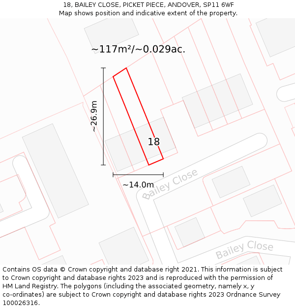 18, BAILEY CLOSE, PICKET PIECE, ANDOVER, SP11 6WF: Plot and title map
