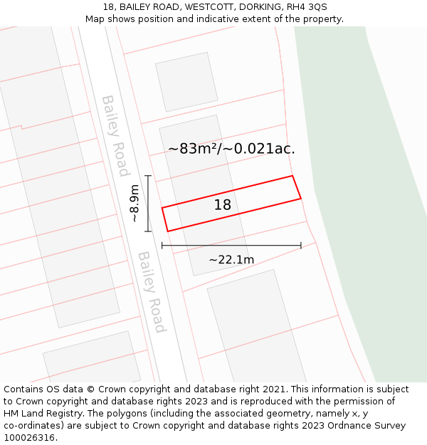 18, BAILEY ROAD, WESTCOTT, DORKING, RH4 3QS: Plot and title map