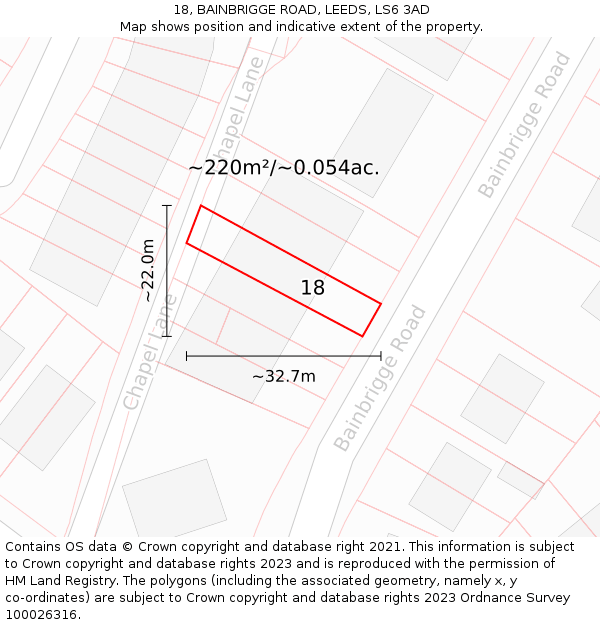 18, BAINBRIGGE ROAD, LEEDS, LS6 3AD: Plot and title map