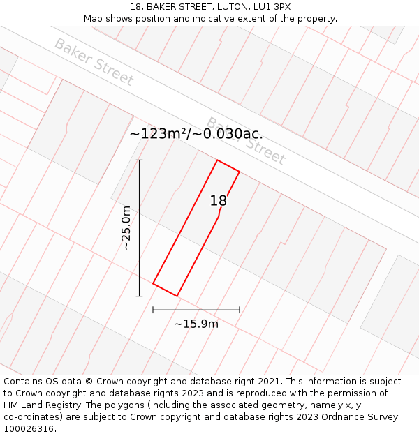 18, BAKER STREET, LUTON, LU1 3PX: Plot and title map