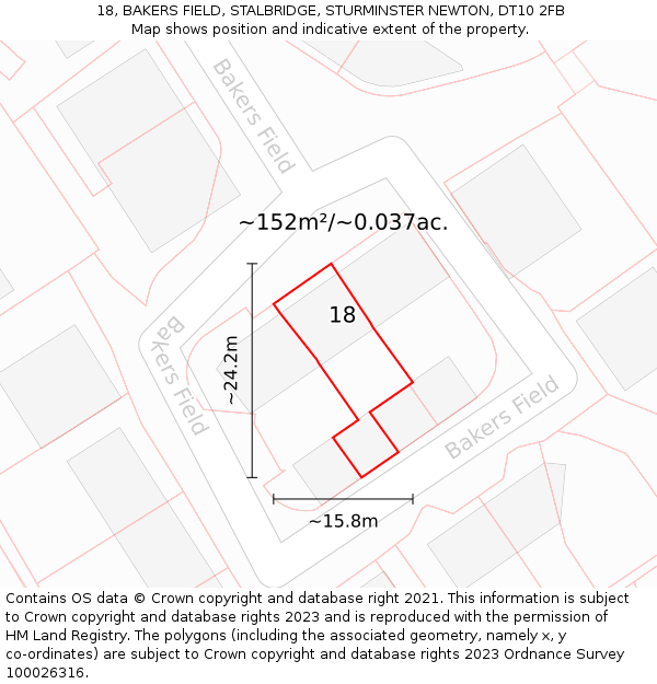 18, BAKERS FIELD, STALBRIDGE, STURMINSTER NEWTON, DT10 2FB: Plot and title map